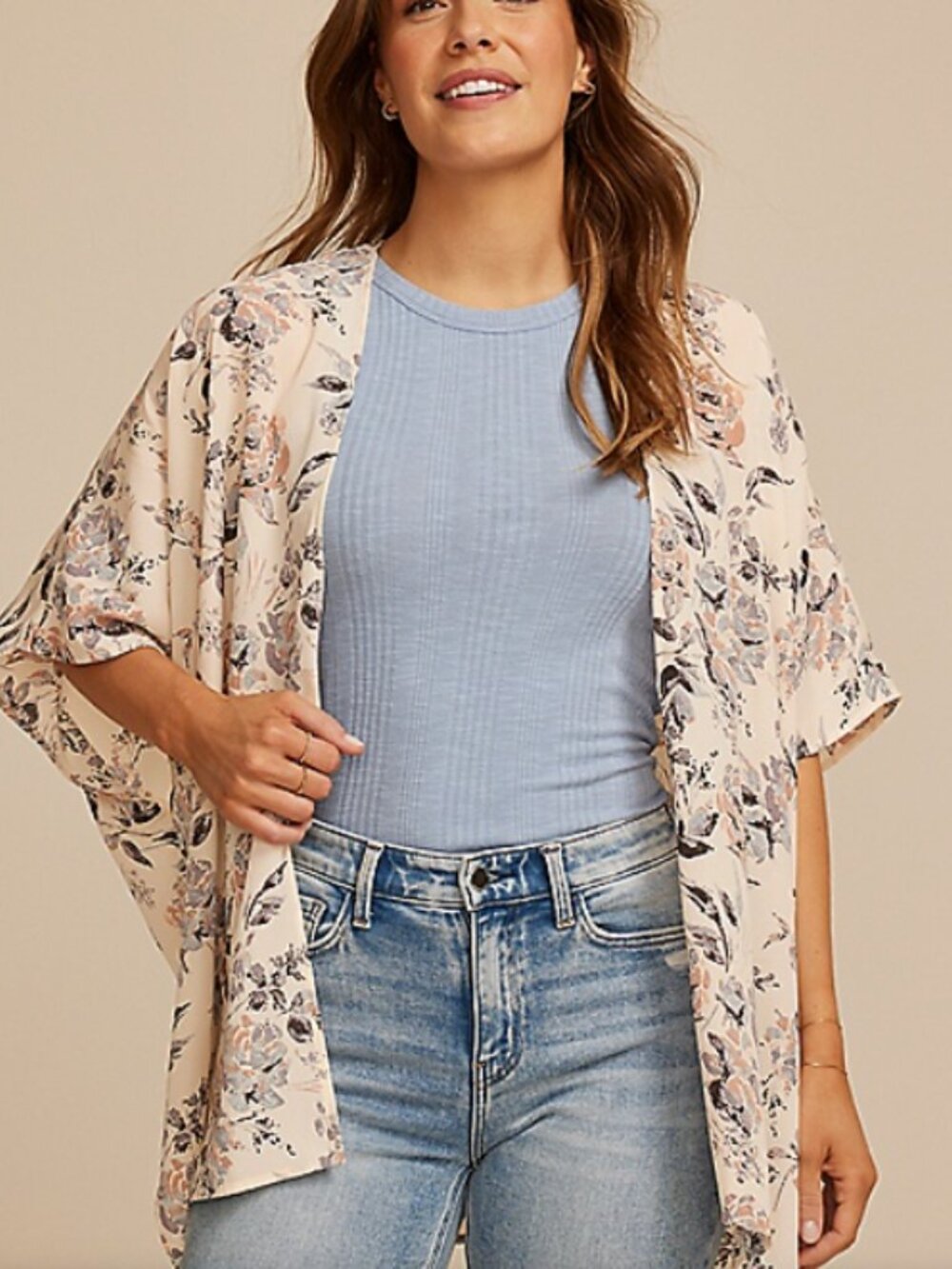 Maurices Floral Cream and Gray Open Front Kimono Cape